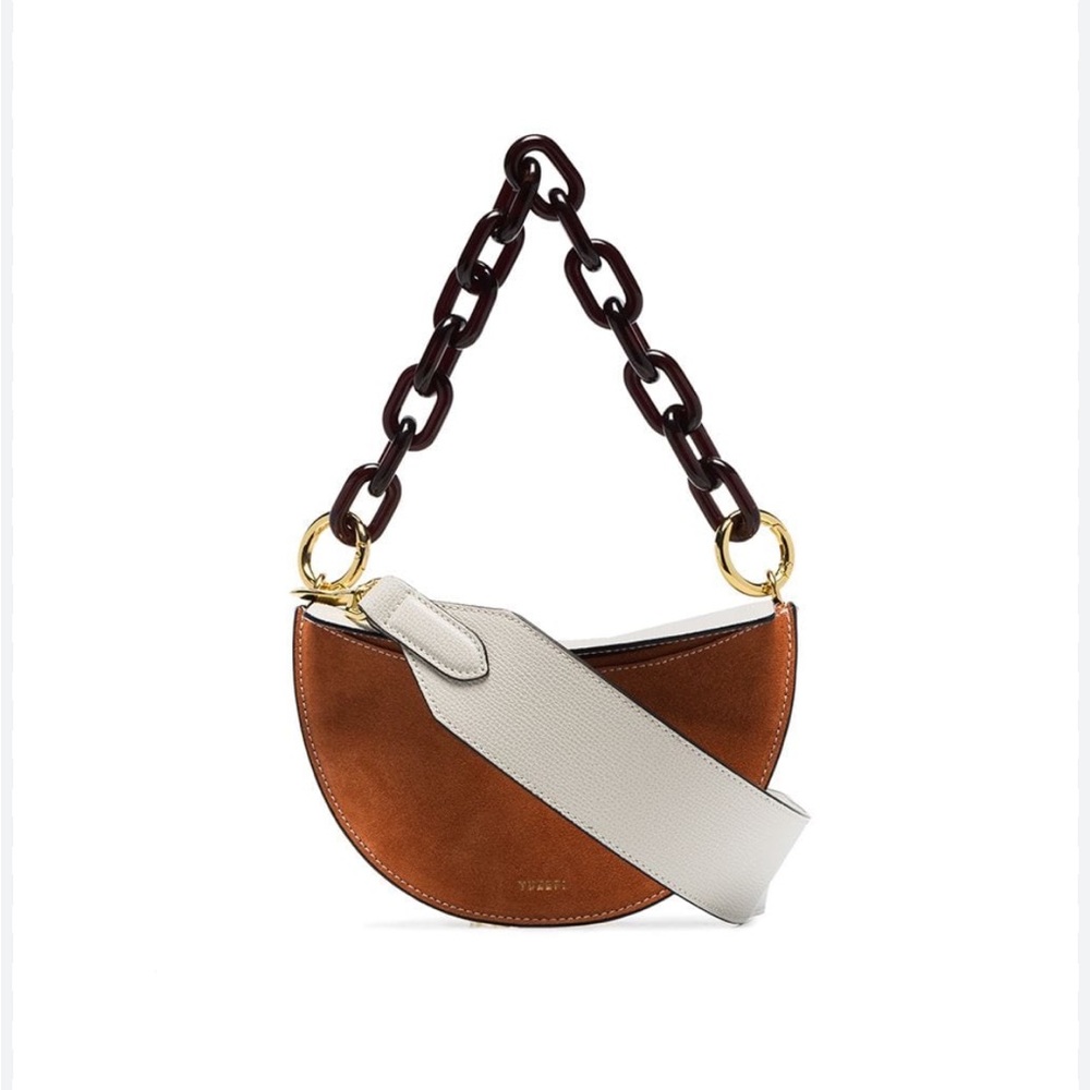 Yusefi London Cream Cropped Pants with Tan and White Half-Moon Bag